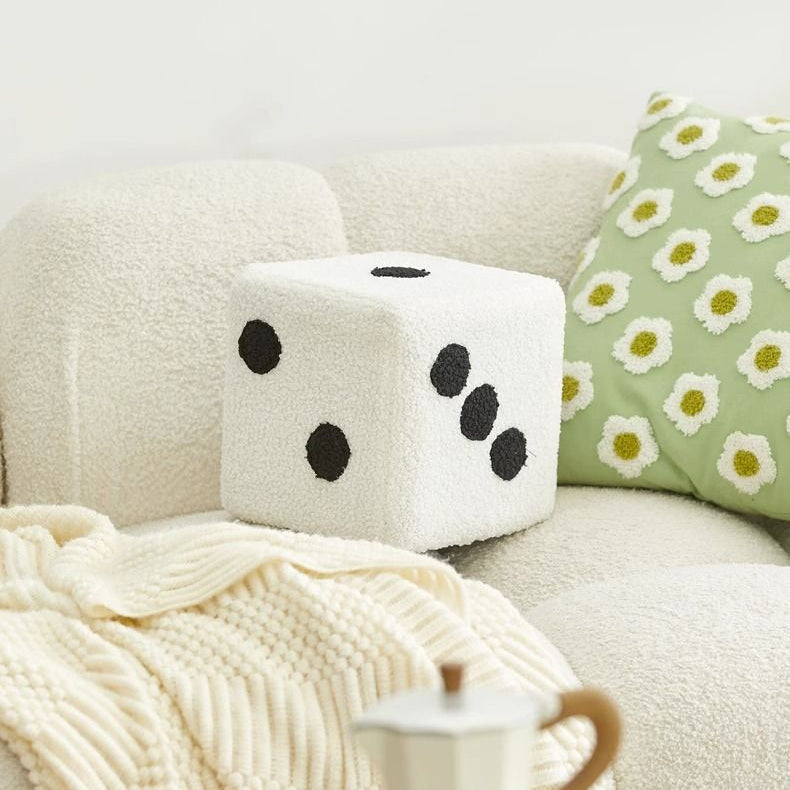 Contemporary Dice Cube Lamb Fleece Wood Low Stool
