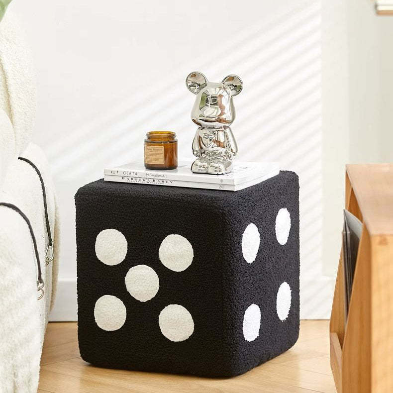 Contemporary Dice Cube Lamb Fleece Wood Low Stool
