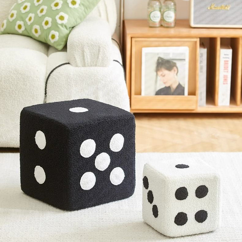 Contemporary Dice Cube Lamb Fleece Wood Low Stool