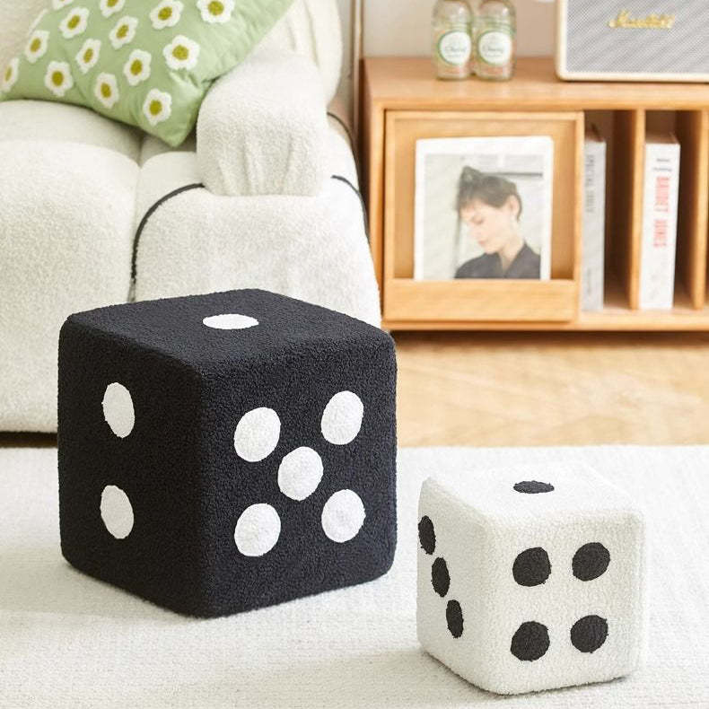 Contemporary Dice Cube Lamb Fleece Wood Low Stool