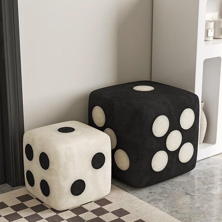 Contemporary Dice Cube Lamb Fleece Wood Low Stool — Black - Small / Detachable & Washable