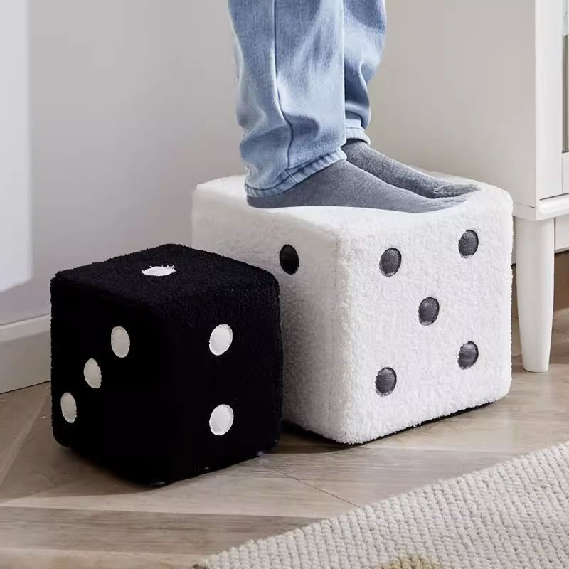 Contemporary Dice Cube Lamb Fleece Wood Low Stool