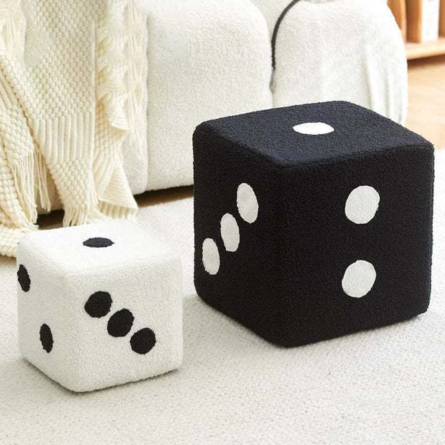 Contemporary Dice Cube Lamb Fleece Wood Low Stool