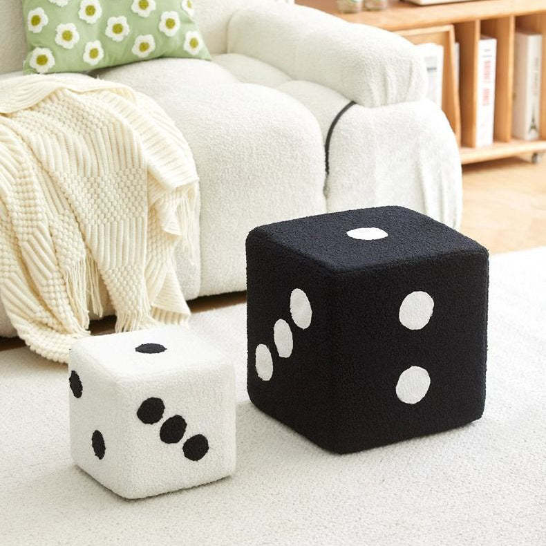 Contemporary Dice Cube Lamb Fleece Wood Low Stool — White - Small / Detachable & Washable