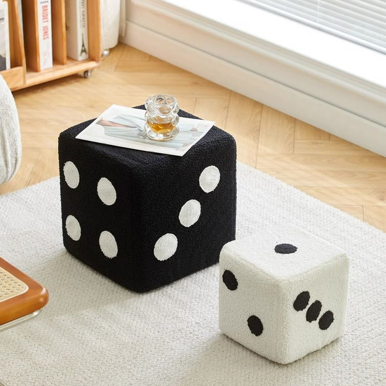 Contemporary Dice Cube Lamb Fleece Wood Low Stool — Black - Large / Detachable & Washable