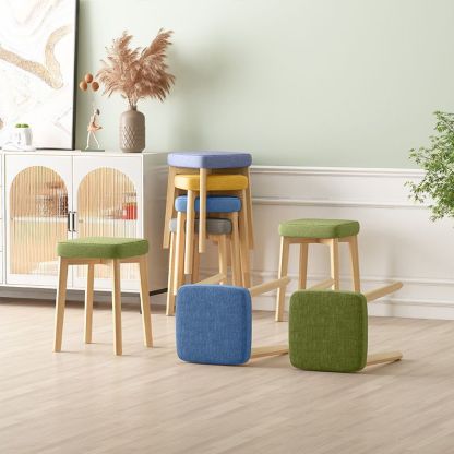 Contemporary Tech Fabric Solid Wood Stackable Low Stool — Emerald Green Linen