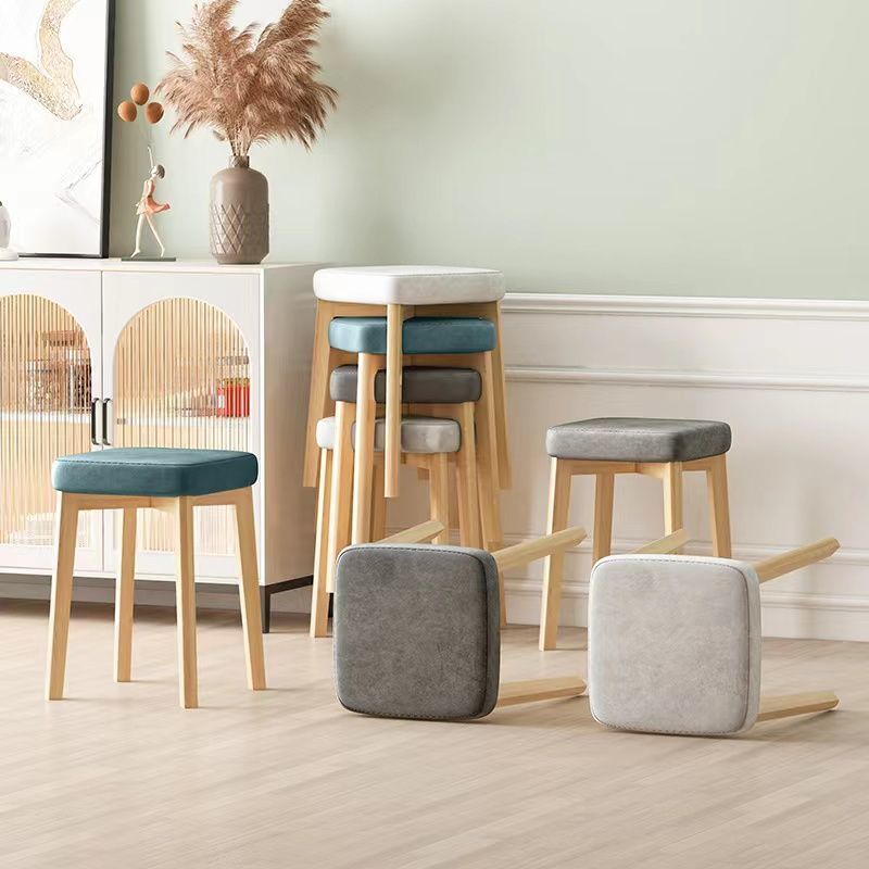 Contemporary Tech Fabric Solid Wood Stackable Low Stool — Deep Blue Linen