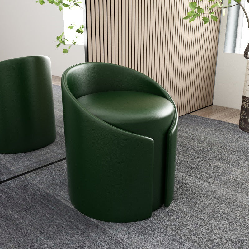 Contemporary Round Leather Wood Low Stool — Dark Green+White