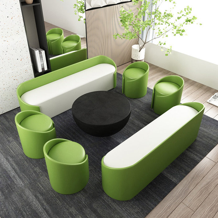 Contemporary Round Leather Wood Low Stool