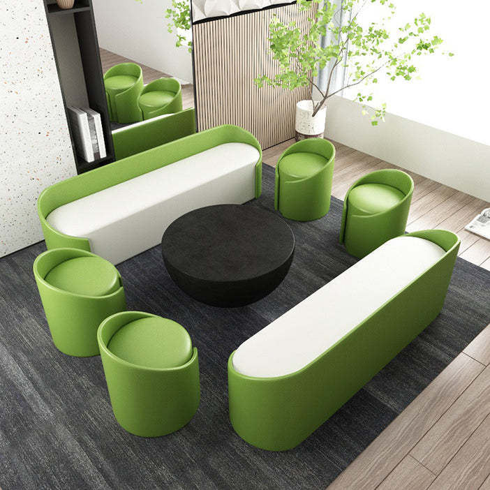 Contemporary Round Leather Wood Low Stool