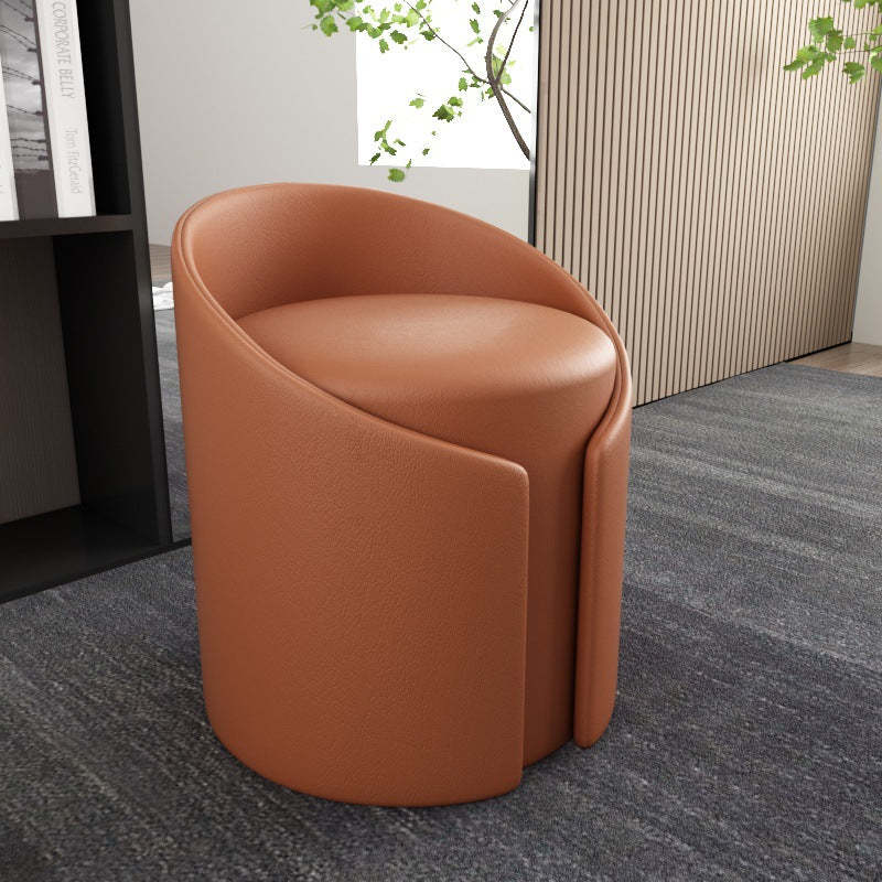 Contemporary Round Leather Wood Low Stool — Dark Green
