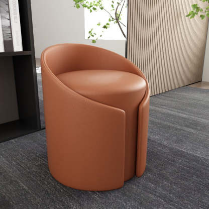 Contemporary Round Leather Wood Low Stool — Dark Green