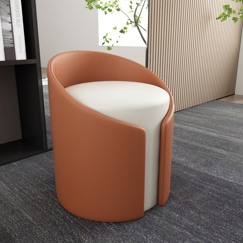 Contemporary Round Leather Wood Low Stool — Light Green