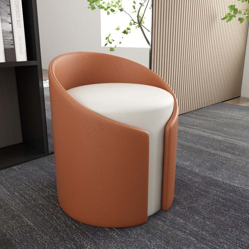 Contemporary Round Leather Wood Low Stool — Light Green