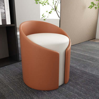 Contemporary Round Leather Wood Low Stool — Light Green