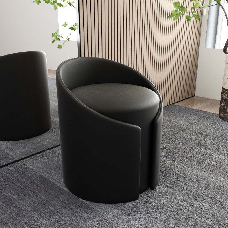 Contemporary Round Leather Wood Low Stool — Black