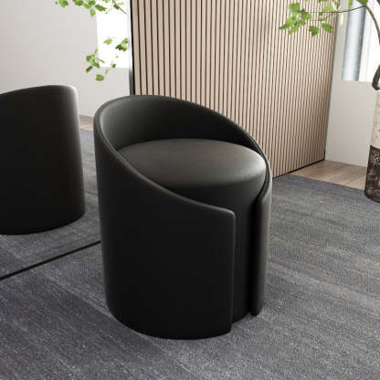 Contemporary Round Leather Wood Low Stool — Black