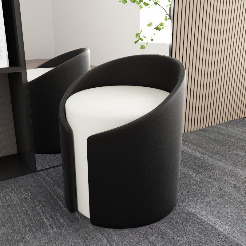 Contemporary Round Leather Wood Low Stool — Black+White