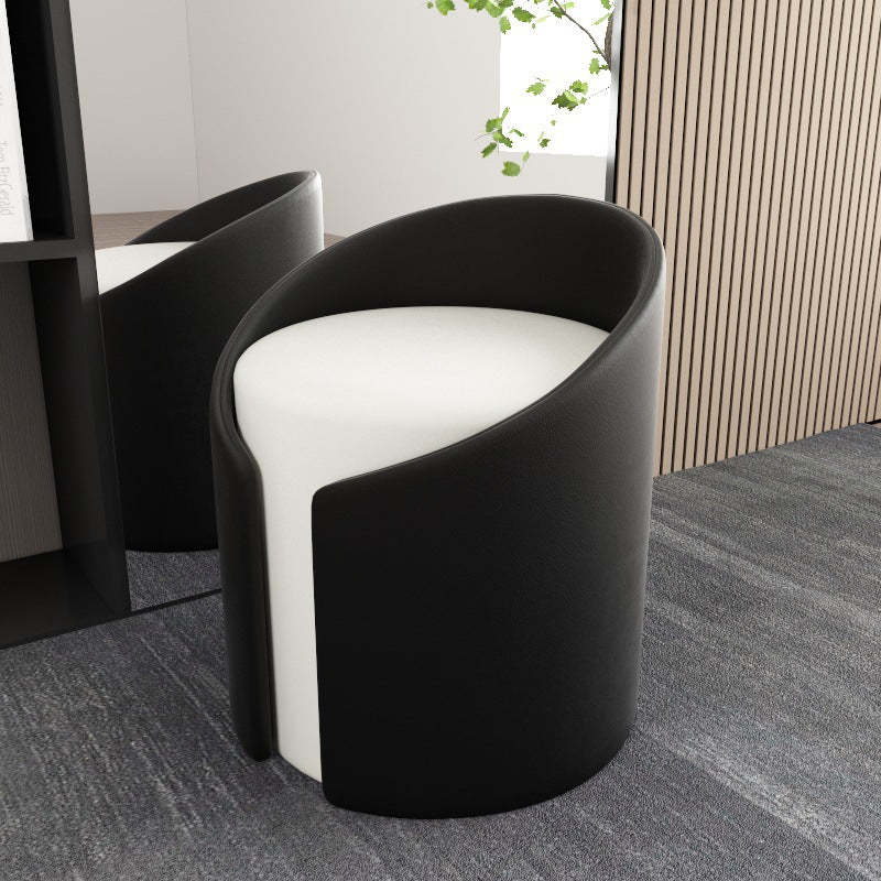 Contemporary Round Leather Wood Low Stool — Black+White