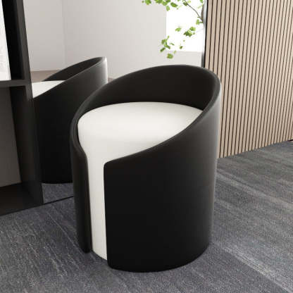 Contemporary Round Leather Wood Low Stool — Black+White