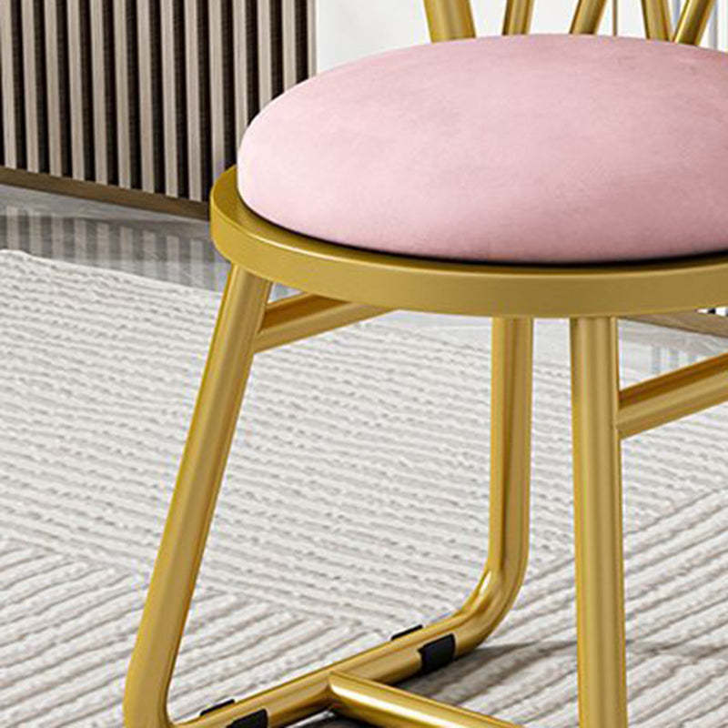 Contemporary Round Velvet Metal Vanity Stool — Beige Leather Seat