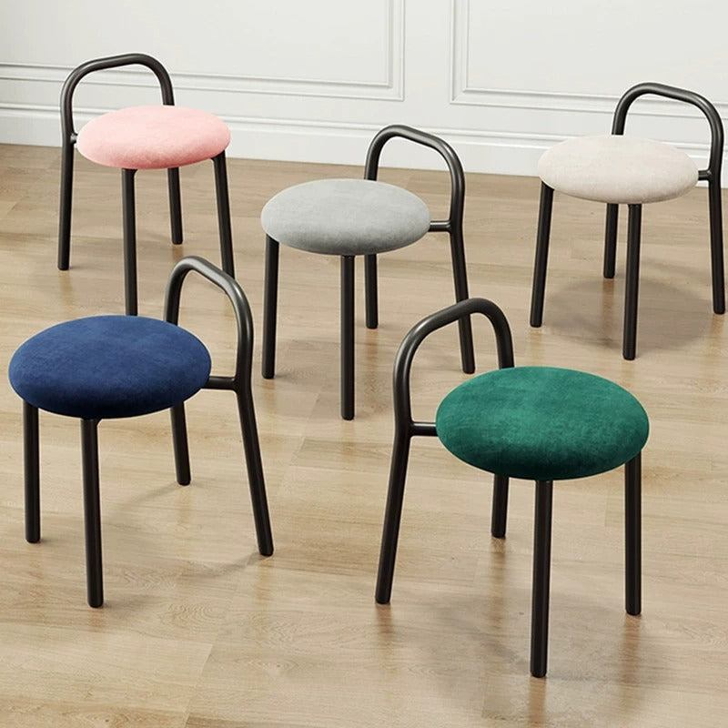 Scandinavian Round Velvet Metal Low-Back Vanity Stool — Black