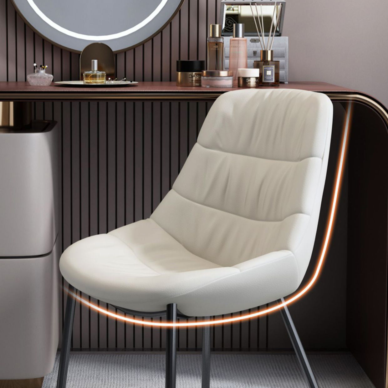 Scandinavian Curved Leather Metal Vanity Stool