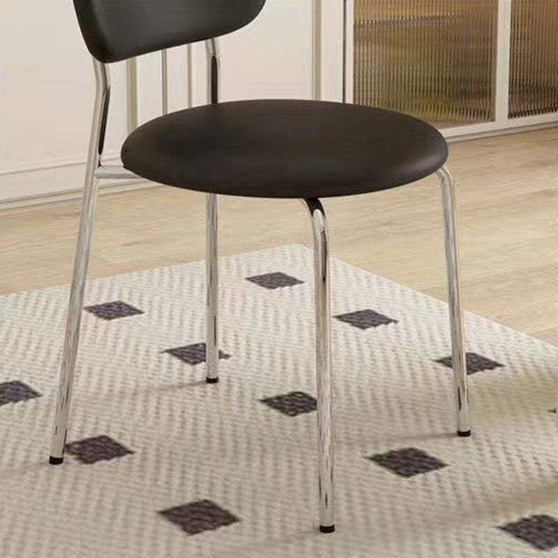 Scandinavian Round Leather Iron Stackable Dining Chair — Black Leather + Black Frame