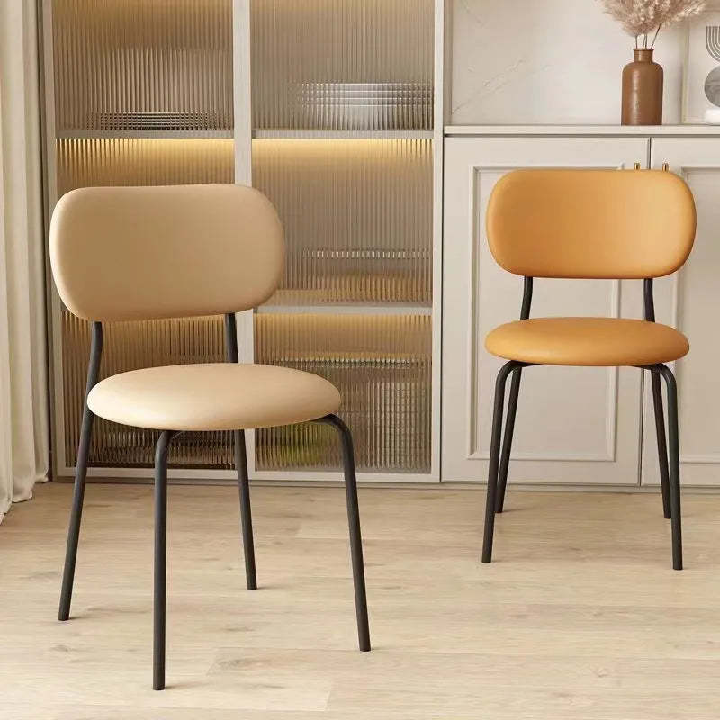 Scandinavian Round Leather Iron Stackable Dining Chair — White Leather + White Frame