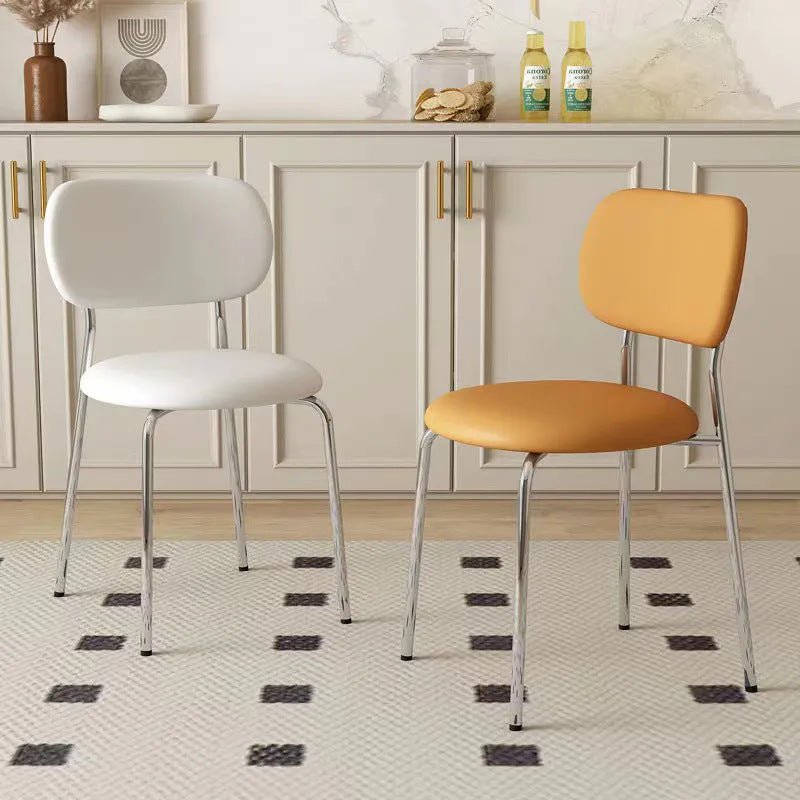 Scandinavian Round Leather Iron Stackable Dining Chair — Beige Leather + Black Frame