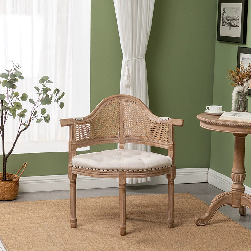 European Triangle Leather Wood Arc Dining Chair — Beige Fabric Cushion