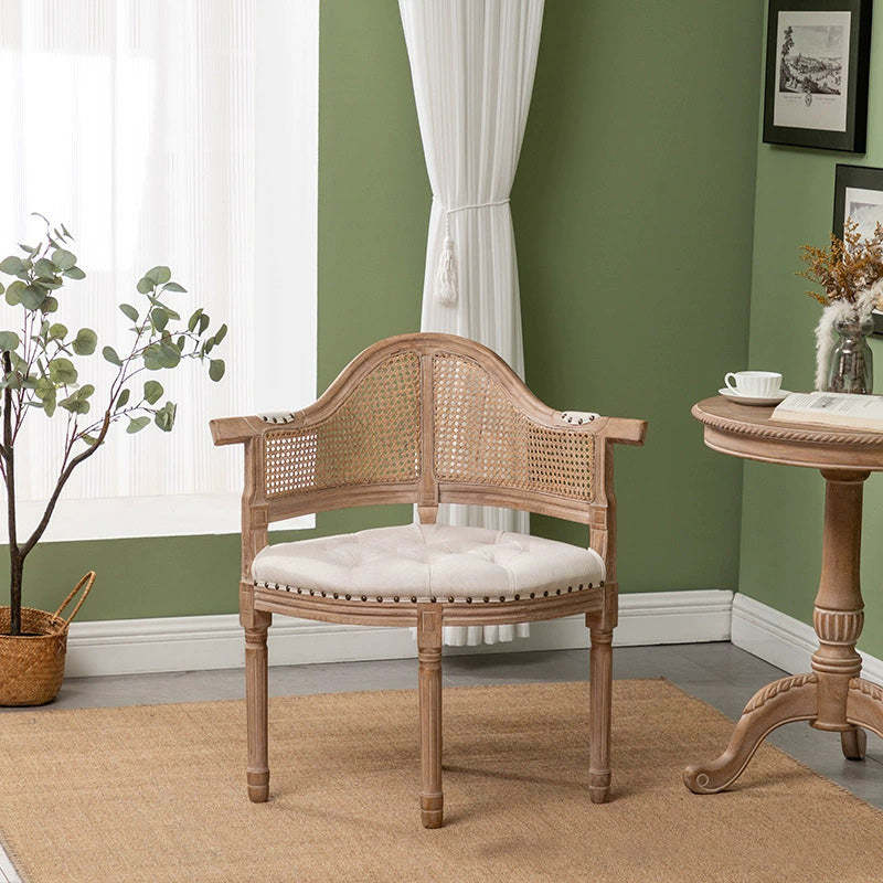 European Triangle Leather Wood Arc Dining Chair — Beige Fabric Cushion