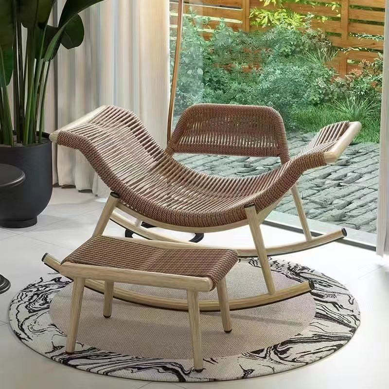Contemporary Boho Rattan Patio Rocking Chair — Headrest + Accent Pillow + Cushion + Footrest