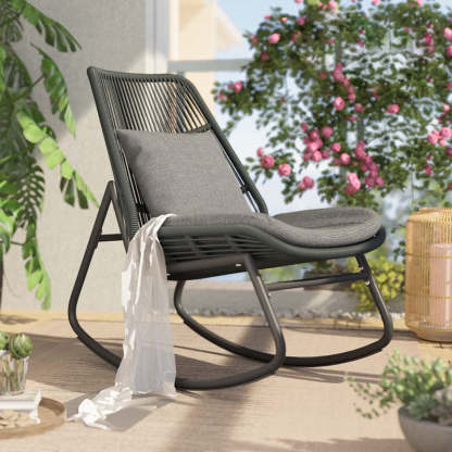 Boho Arc Rattan Metal Patio Rocking Chair — Blue