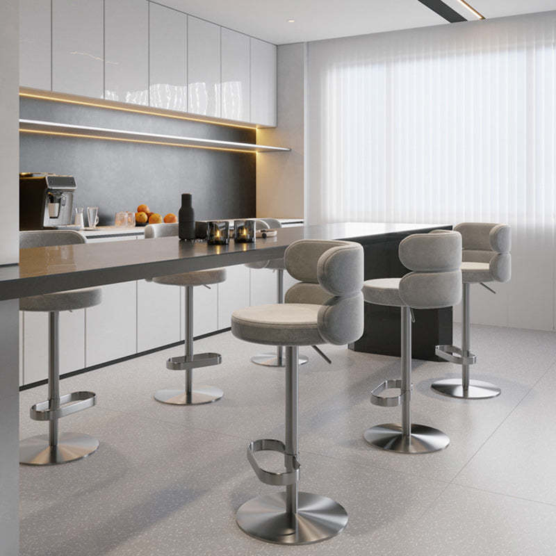 Contemporary Round Flannel Adjustable Swivel Bar Stool — Grey Seat + Chrome Base