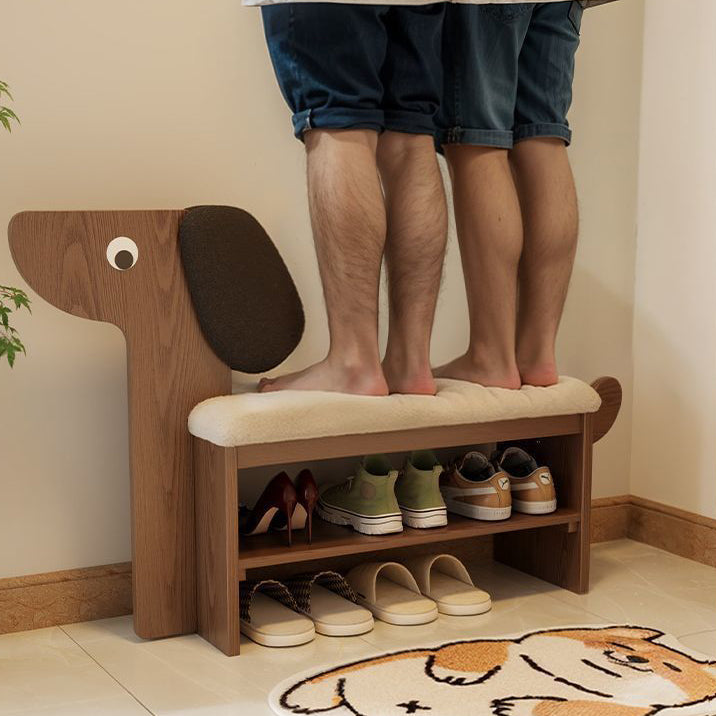 Contemporary Puppy Flannel Solid Wood 2-Tier Footstool Bench