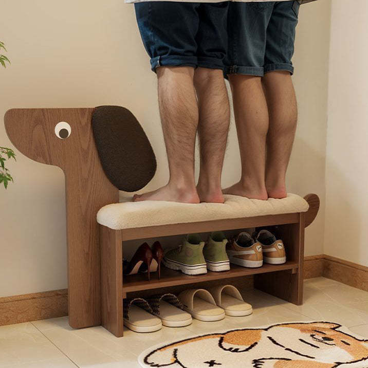 Contemporary Puppy Flannel Solid Wood 2-Tier Footstool Bench