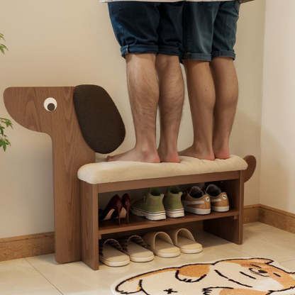 Contemporary Puppy Flannel Solid Wood 2-Tier Footstool Bench
