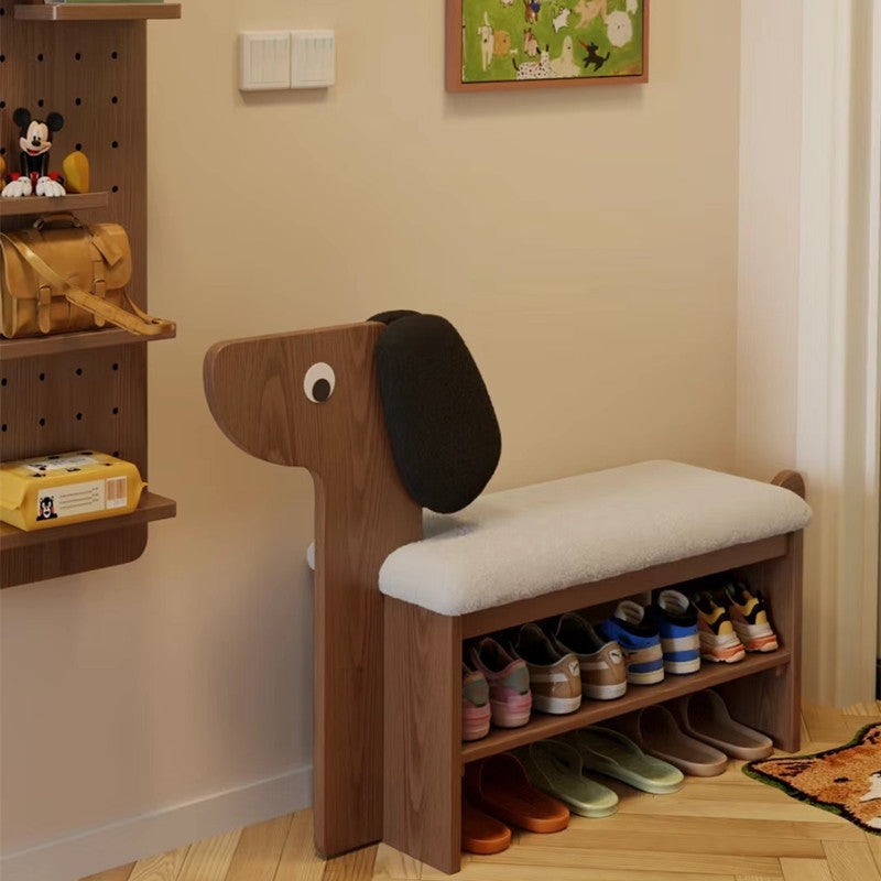 Contemporary Puppy Flannel Solid Wood 2-Tier Footstool Bench