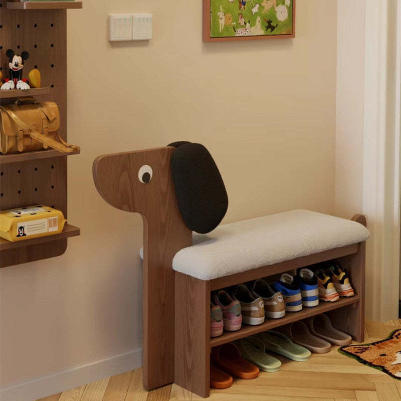 Contemporary Puppy Flannel Solid Wood 2-Tier Footstool Bench