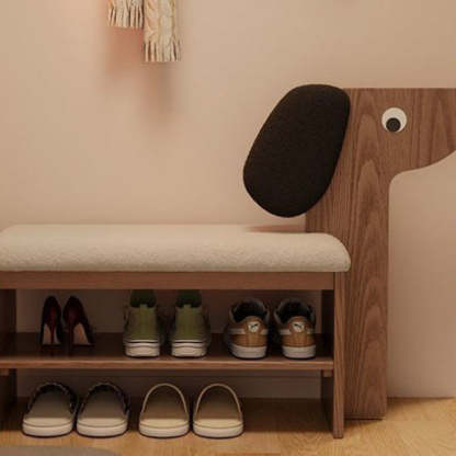 Contemporary Puppy Flannel Solid Wood 2-Tier Footstool Bench