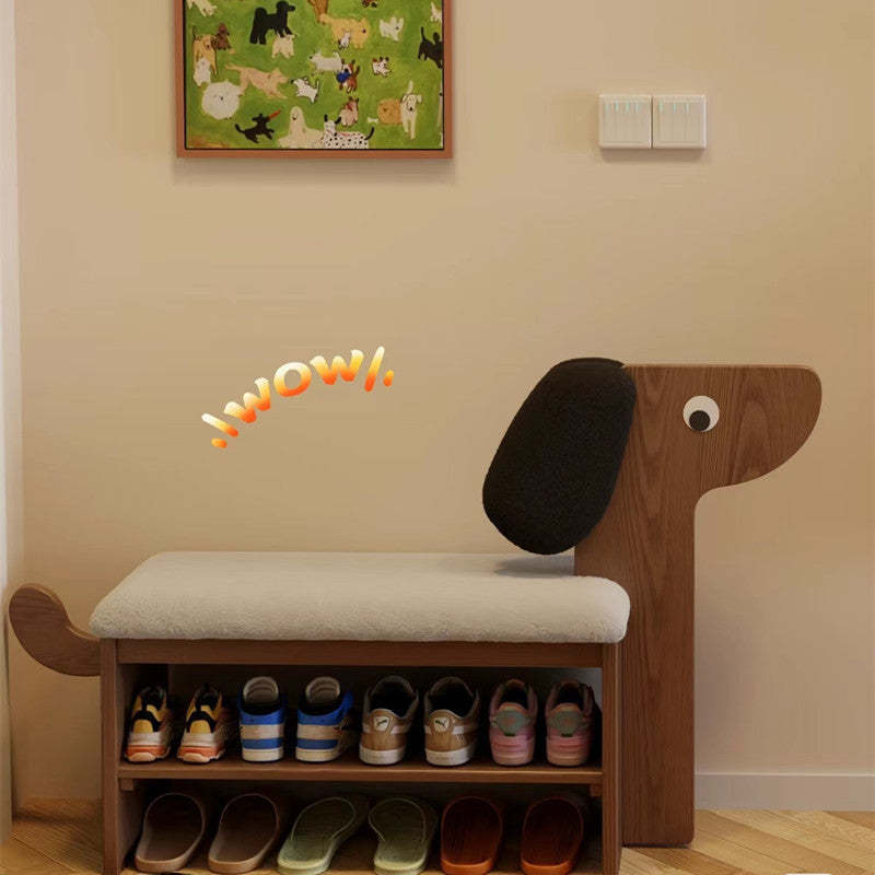 Contemporary Puppy Flannel Solid Wood 2-Tier Footstool Bench