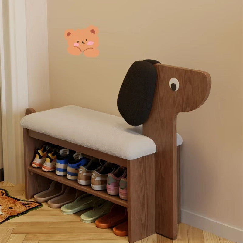 Contemporary Puppy Flannel Solid Wood 2-Tier Footstool Bench — Walnut Wood Color