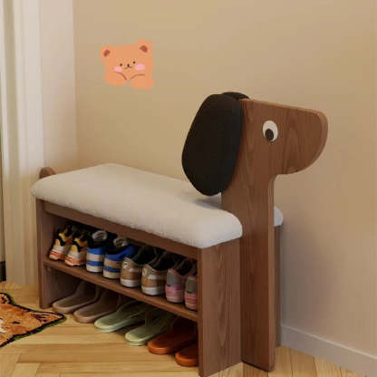 Contemporary Puppy Flannel Solid Wood 2-Tier Footstool Bench — Walnut Wood Color