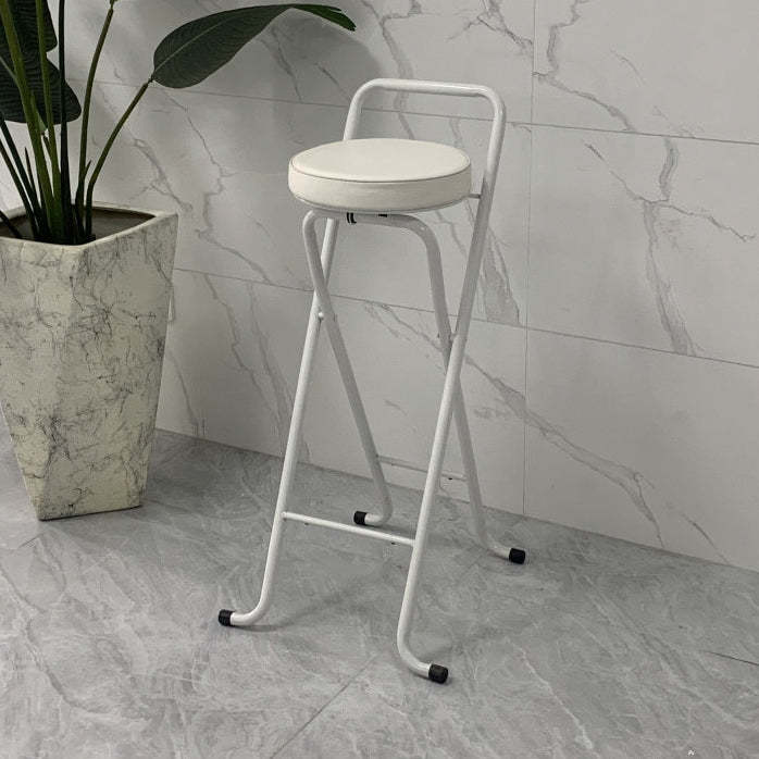Industrial Round PU Leather Iron Foldable Bar Stool — White Frame + Black Seat