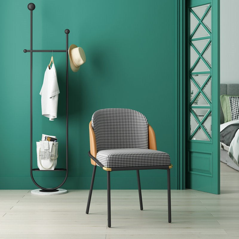 Scandinavian Houndstooth Linen Curved Dining Chair — Green Leather Backrest + Houndstooth Linen Seat