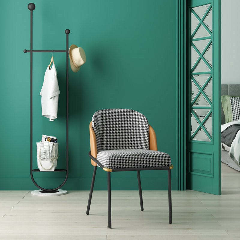 Scandinavian Houndstooth Linen Curved Dining Chair — Green Leather Backrest + Houndstooth Linen Seat