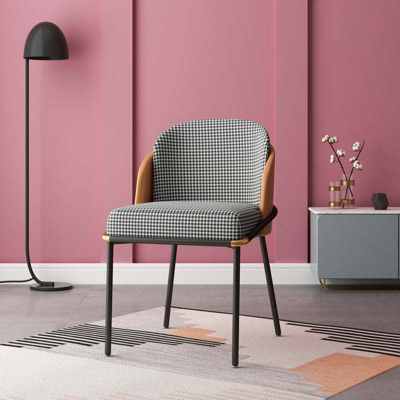 Scandinavian Houndstooth Linen Curved Dining Chair — Brown Leather Backrest + Houndstooth Linen Seat