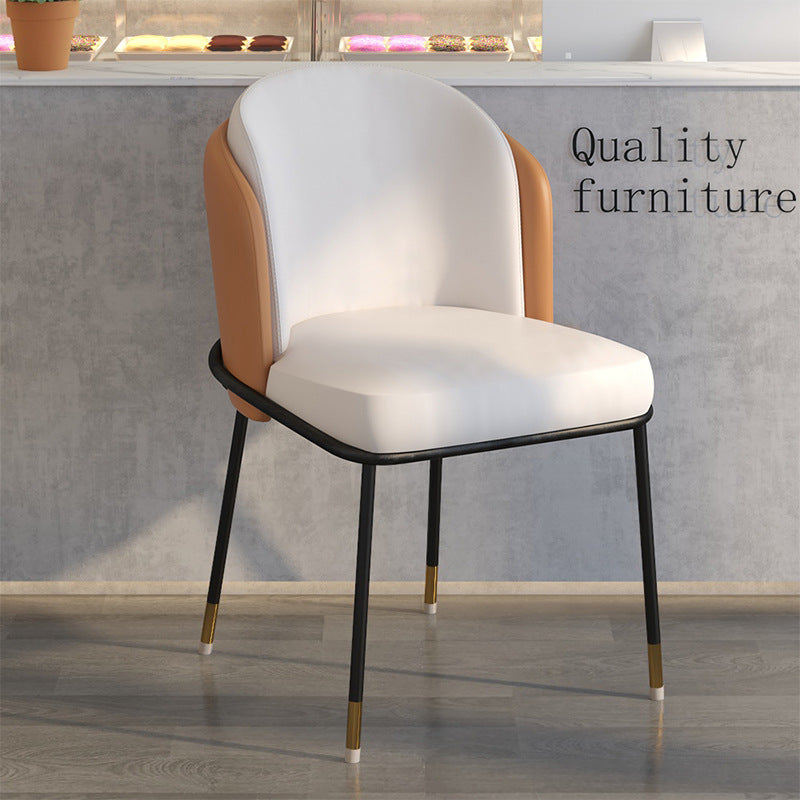 Scandinavian Houndstooth Linen Curved Dining Chair — Orange Leather Backrest +Grey Linen Seat