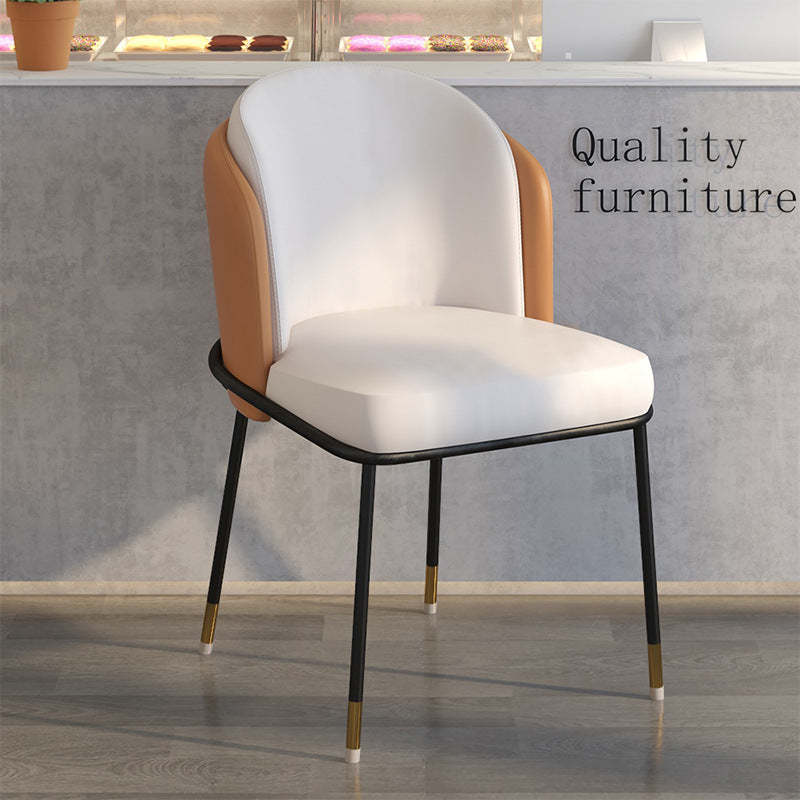 Scandinavian Houndstooth Linen Curved Dining Chair — Orange Leather Backrest +Grey Linen Seat